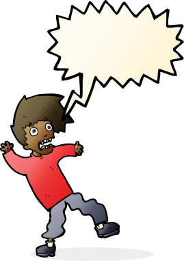 Bir insan tarafından çizilmiş, konuşma balonuyla dehşete düşmüş bir adam.