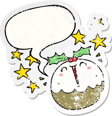 Güzel bir çizgi film mutlu noel pudingi konuşma baloncuğu ile sıkıntılı eski bir çıkartma bir insan tarafından çizilmiş