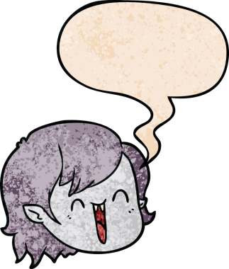 Bir insan tarafından çizilmiş eski tarz konuşma baloncuğu olan vampir kız yüzü.