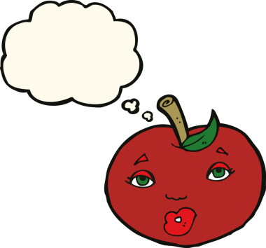 bir insan tarafından çizilmiş, yüzü düşünce baloncuğu olan çizgi film elması