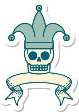 Bir insan tarafından çizilmiş bir kafatası soytarısı dövmesi çıkartması.