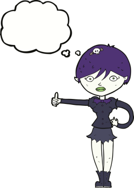 Bir insan tarafından çizilmiş düşünce baloncuğuyla baş parmak işareti yapan vampir kız.