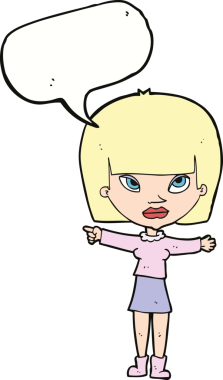 Bir insan tarafından çizilmiş bir konuşma balonuyla işaret eden çizgi film kadını.