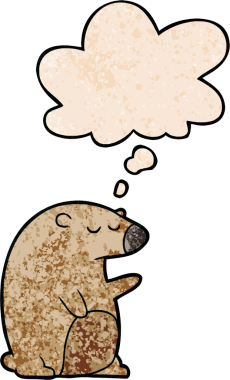 Bir insan tarafından çizilmiş grunge desenli düşünce baloncuklu çizgi film ayısı.