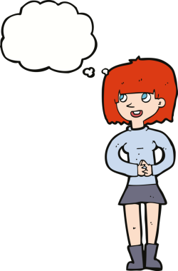 Bir insan tarafından çizilmiş düşünce baloncuğu olan çizgi film dostu kadın.