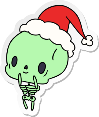 Bir insan tarafından çizilmiş kawaii iskeletinin Noel çıkartması.