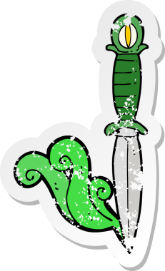 Bir insan tarafından çizilmiş mistik bir hançerin gerilmiş retro yapıştırması.