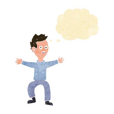 Bir insan tarafından çizilen düşünce baloncuğuyla panikleyen çizgi film adamı.