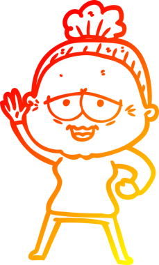 Bir insan tarafından çizilmiş mutlu, yaşlı bir kadının sıcak çizgi çizimi.