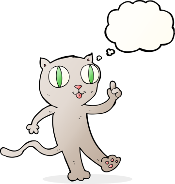 Bir insan tarafından çizilmiş düşünce baloncuklu çizgi film kedisi.