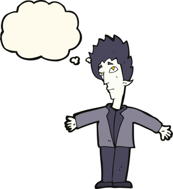 Bir insan tarafından çizilmiş düşünce balonlu vampir adam.