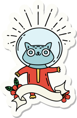 Bir insan tarafından çizilmiş astronot kostümlü dövme stili bir kedinin çıkartması.