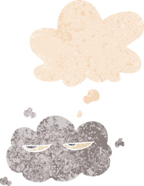 Düşünce baloncuğu ve grunge ile sevimli çizgi film bulutu bir insan tarafından çizilmiş sıkıntılı retro dokuma tarzı