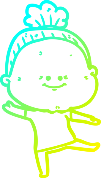 Bir insan tarafından çizilmiş, mutlu, yaşlı bir kadının çizimi.