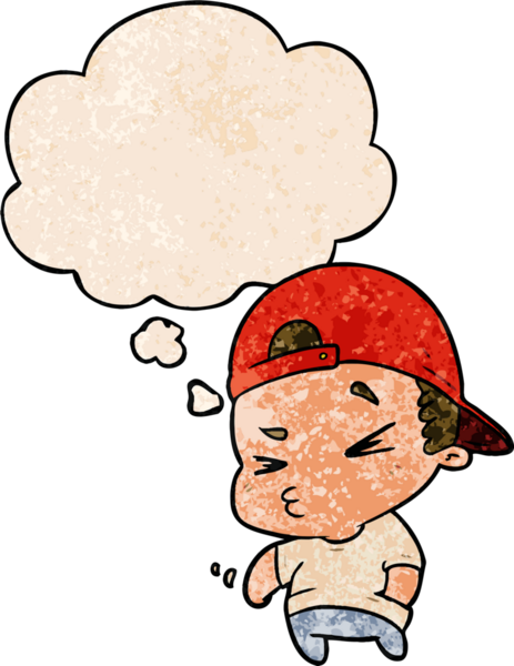 Bir insan tarafından çizilmiş grunge desenli düşünce balonu olan karikatür havalı çocuk.