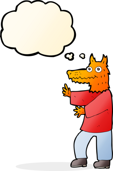 Bir insan tarafından çizilmiş düşünce balonlu komik tilki adam.