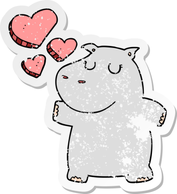 Bir insan tarafından çizilen aşık bir çizgi film hipopotamının sıkıntılı çıkartması.