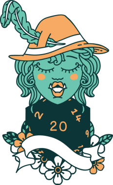 Retro Dövme Tarzı Bir insan tarafından çizilmiş 20 zarlı yarı ork ozan karakteri