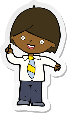 Bir insan tarafından çizilen soruyu cevaplayan karikatür okullu bir çocuğun çıkartması.