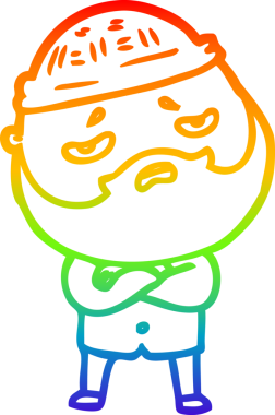 Bir insan tarafından çizilmiş sakallı, endişeli bir çizgi film çizimi.