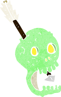 Bir insan tarafından çizilmiş komik bir kafatası ve ok.