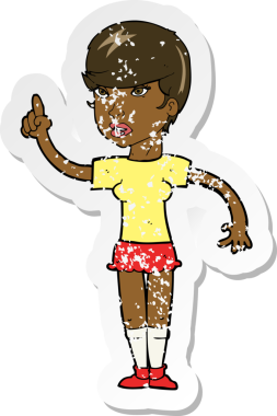 İnsan tarafından çizilmiş bir fikri olan karikatür bir kadının gerilimli retro yapıştırması.