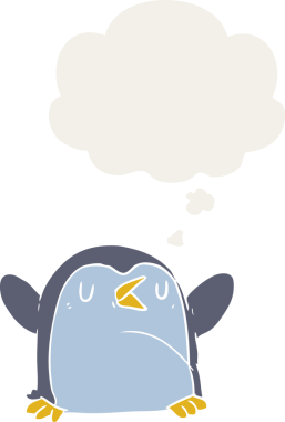 Düşünce baloncuğu olan bir penguen insan tarafından çizilmiş.