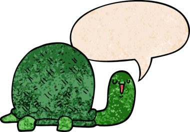 Bir insan tarafından çizilmiş eski moda konuşma baloncuklu şirin çizgi film kaplumbağası.