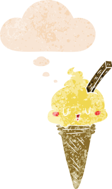 Düşünce baloncuklu tatlı çizgi film dondurması. Bir insan tarafından çizilmiş dertli retro tarzı.