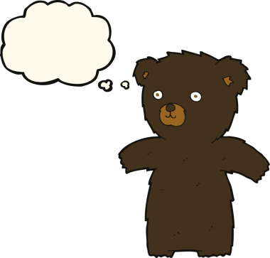 Bir insan tarafından çizilmiş düşünce baloncuğu olan sevimli çizgi film kara ayısı.