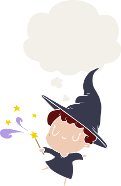 Düşünce baloncuğu olan karikatür cadısı insan tarafından çizilmiş.