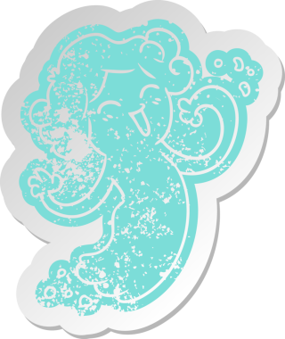 Bir insan tarafından çizilmiş mutlu pembe bir hayaletin sıkıntılı eski çizgi film çıkartması.