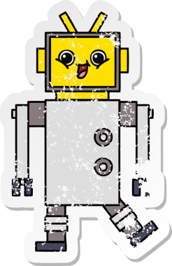 Bir insan tarafından çizilmiş sevimli bir robot çizgi film çıkartması.