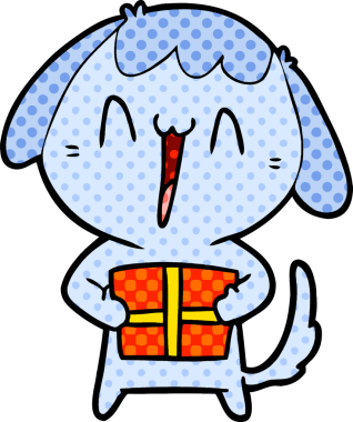 Bir insan tarafından çizilmiş Noel hediyesi olan sevimli bir çizgi film köpeği.