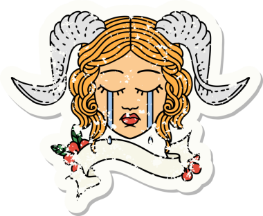 Bir insan tarafından çizilmiş parşömen pankartıyla ağlayan bir karakterin grunge çıkartması.