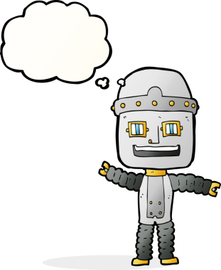 Bir insan tarafından çizilmiş düşünce baloncuklu çizgi film robotu.