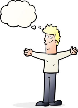 Bir insan tarafından çizilmiş düşünce balonlu mutlu adam çizgi filmi.