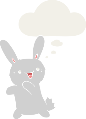 Düşünce baloncuklu çizgi film tavşanı insan tarafından çizilmiş.