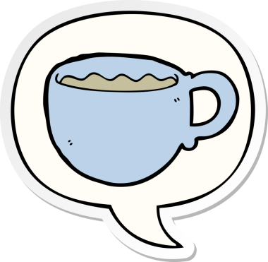 Bir insan tarafından çizilmiş konuşma balonu çıkartmalı çizgi film kahve fincanı.