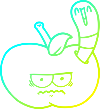 Bir insan tarafından çizilmiş kızgın bir elmayı yiyen çizgi film solucanı çizimi.