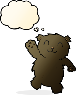 Bir insan tarafından çizilmiş düşünce balonlu siyah ayı sallayan çizgi film.