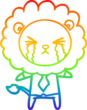 Bir insan tarafından çizilmiş gömlek ve kravat ile ağlayan bir aslanın çizgi çizimi.