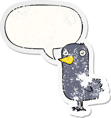 Konuşma baloncuğu olan çizgi film kuşu, bir insan tarafından çizilmiş sıkıntılı eski bir çıkartma.