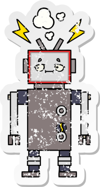 Bir insan tarafından çizilmiş sevimli bir robot çizgi film çıkartması.