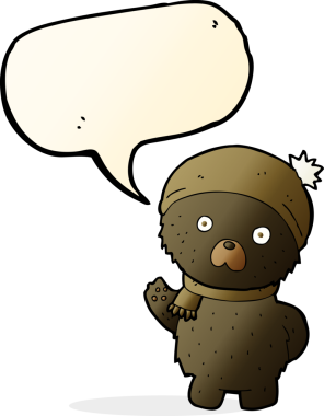 Bir insan tarafından çizilmiş konuşma baloncuğu eşarbı ve şapkalı şirin siyah ayı.