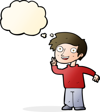 Bir insan tarafından çizilmiş düşünce baloncuğuyla fotoğraf için poz veren çizgi film çocuğu.