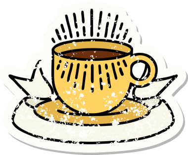 Bir insan tarafından çizilmiş kahve fincanı olan eski bir etiket.