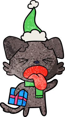 Bir insan tarafından çizilmiş Noel Baba şapkası giymiş tiksinmiş bir köpeğin el çizimi karikatürü.