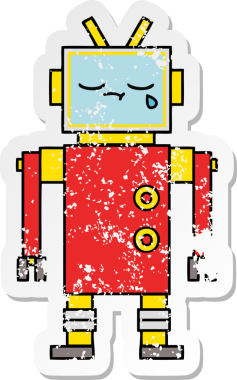 Bir insan tarafından çizilmiş ağlayan şirin bir çizgi robotun sıkıntılı çıkartması.