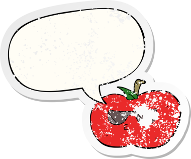 Bir insan tarafından çizilmiş, sıkıntılı, eski bir çıkartma, konuşma baloncuğu olan çizgi film serin elma